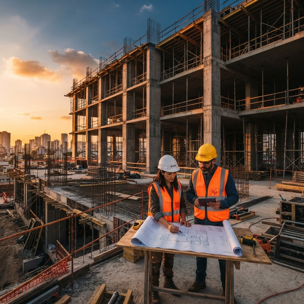 Obra en construcción con estructura de concreto e ingenieros revisando planos