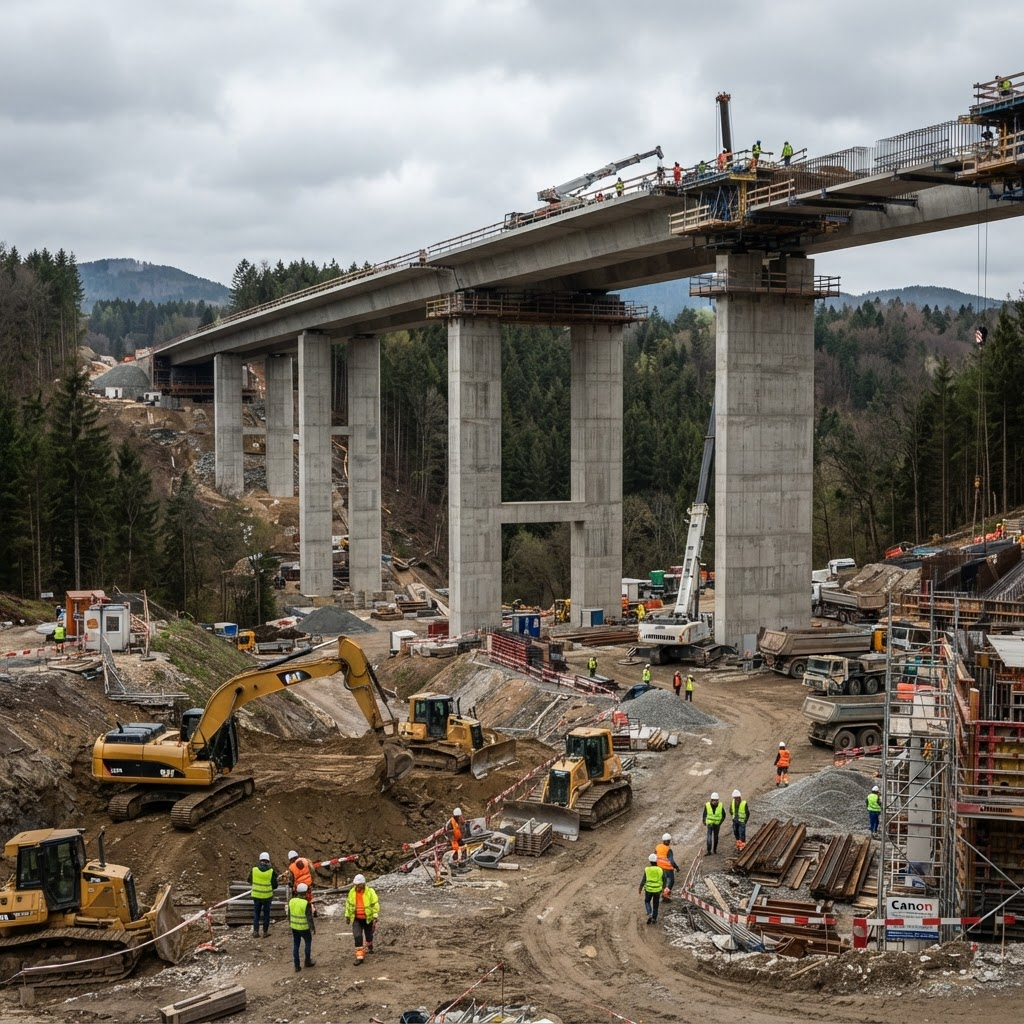 Viaducto de concreto sobre un valle con maquinaria trabajando