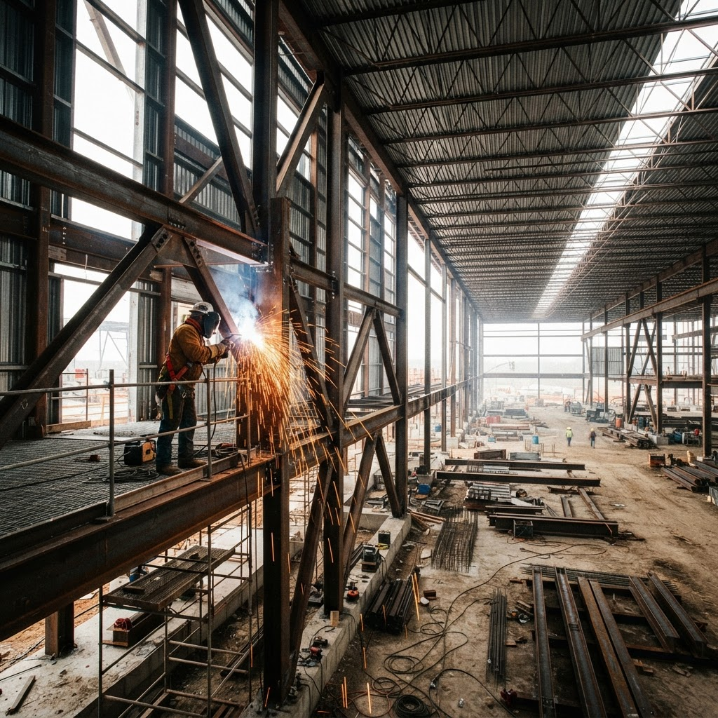 Interior de nave industrial con estructura metálica en construcción